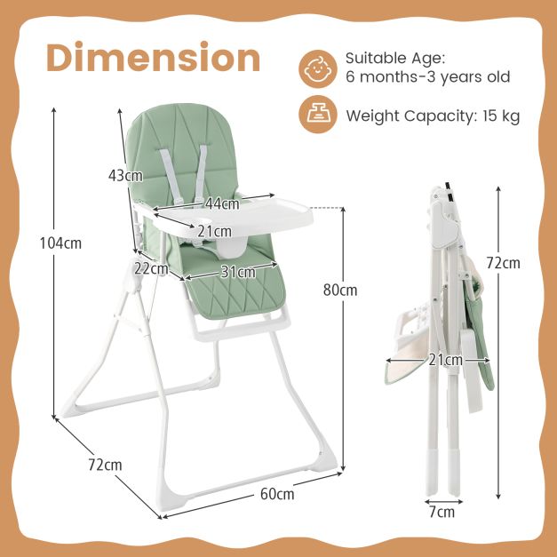Foldable Baby High Chair with Removable Adjustable Tray-Green