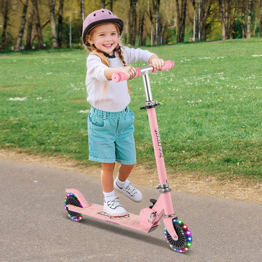 Foldable Kids Scooter Adjustable with Lighted Wheels and Kickstand-Pink