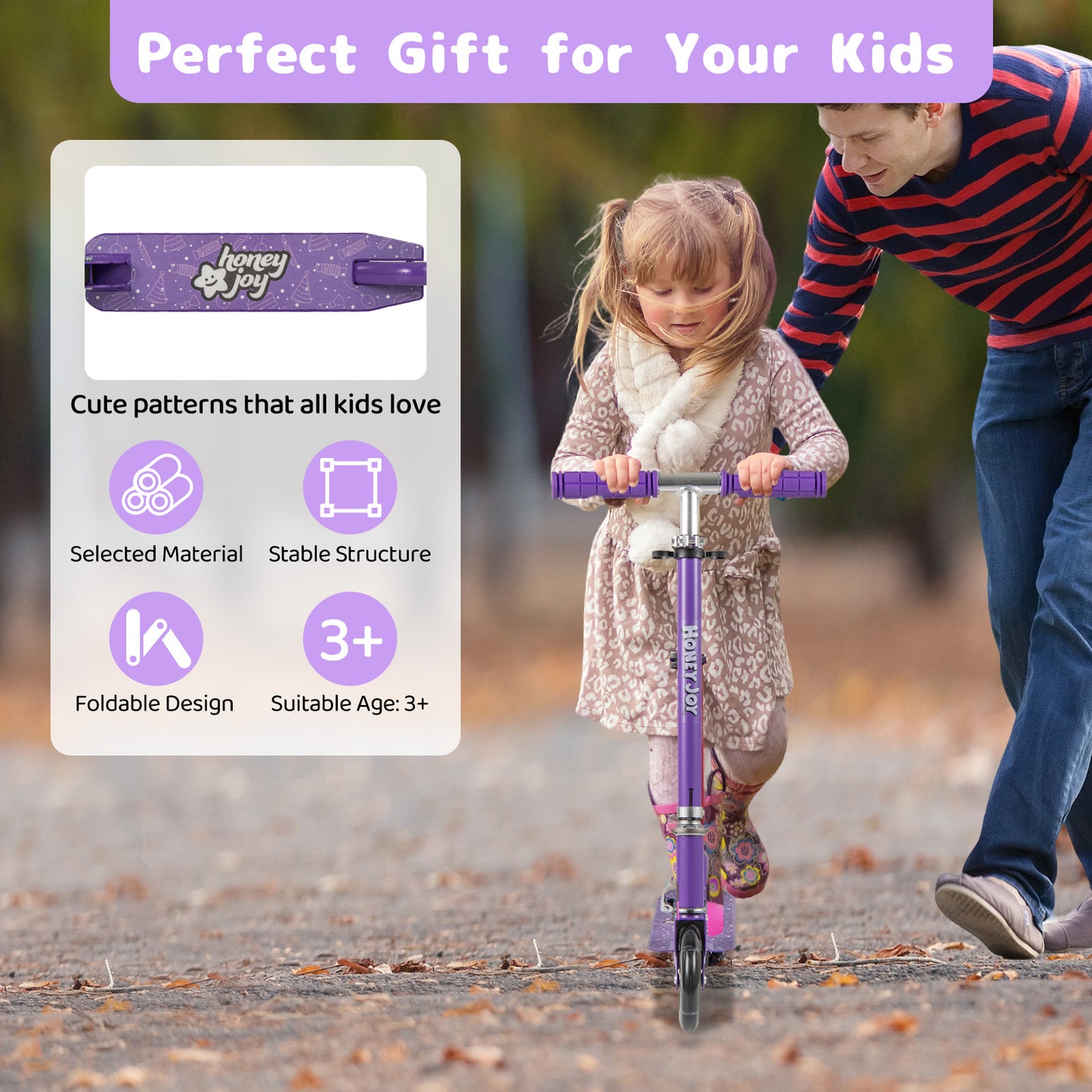 Foldable Kids Scooter Adjustable with Lighted Wheels and Kickstand-Purple
