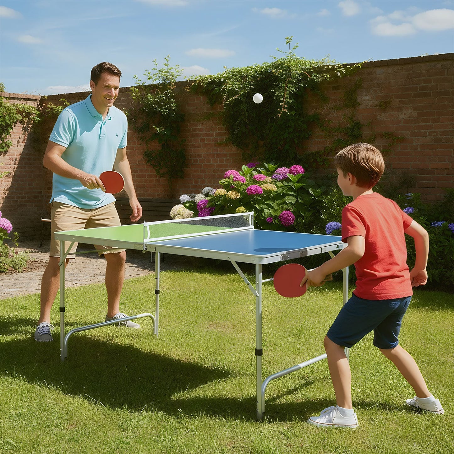 Foldable Mini Table Tennis Set with 2 Paddles and 3-Level Adjustable Height-Green
