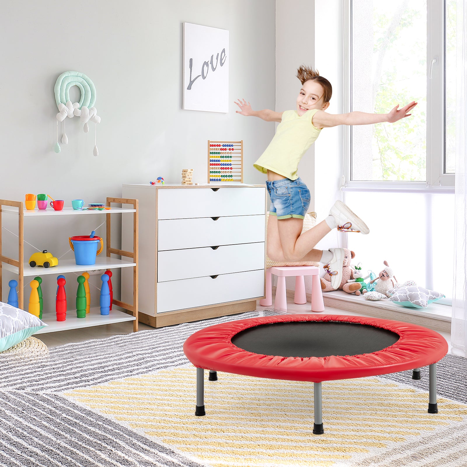 Foldable Mini Trampoline with Springs and Padded Cover-Red