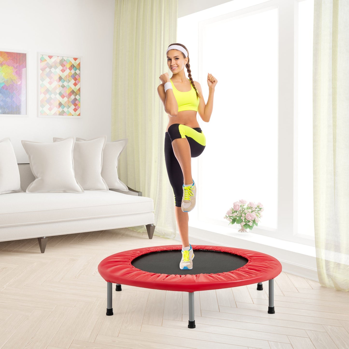 Foldable Mini Trampoline with Springs and Padded Cover-Red