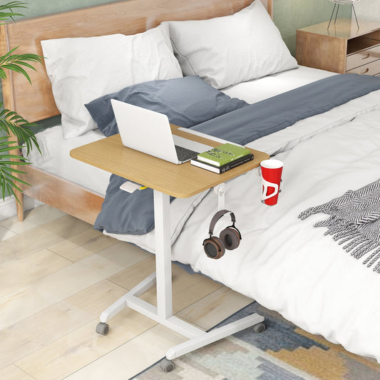 Foldable Mobile Standing Desk Portable Computer Workstation with Hook and Cup Holder-Natural