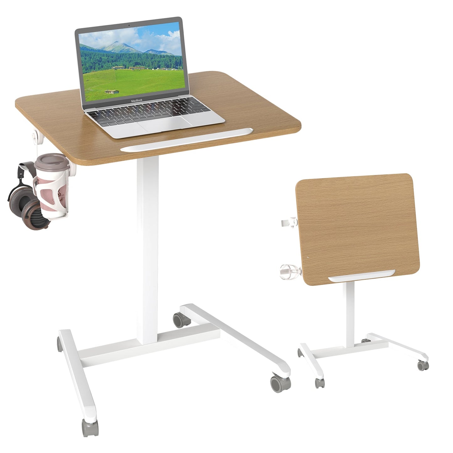 Foldable Mobile Standing Desk Portable Computer Workstation with Hook and Cup Holder-Natural