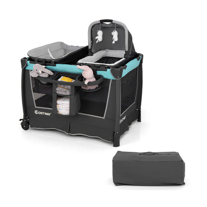 5-in-1 Foldable Pack and Play with Removable Bassinet-Green
