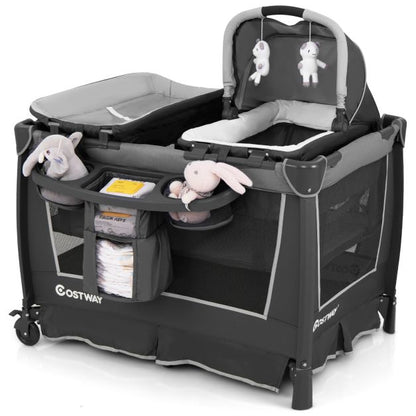 5-in-1 Foldable Pack and Play with Removable Bassinet-Grey