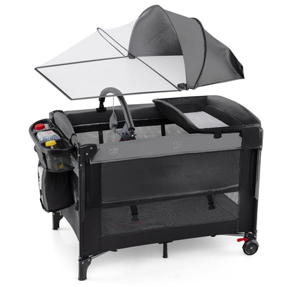 Foldable Pack and Play with 5 Adjustable Heights and Changing Table-Dark Black