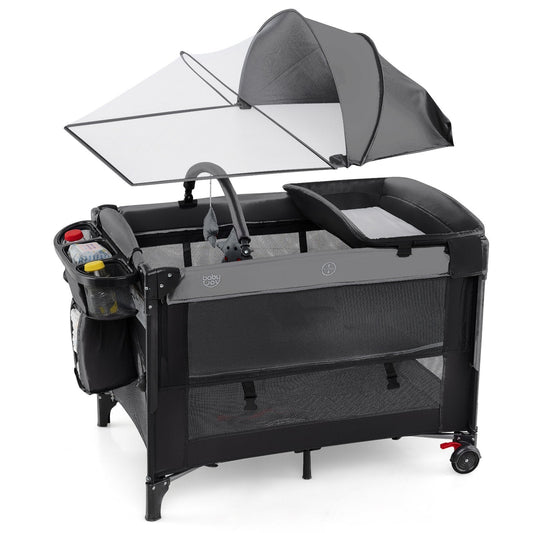 Foldable Pack and Play with 5 Adjustable Heights and Changing Table-Dark Black