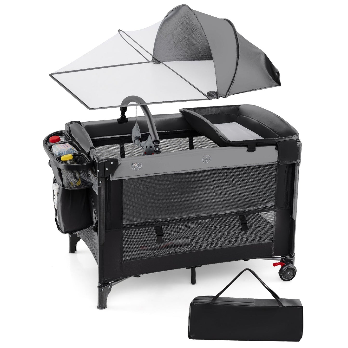 Foldable Pack and Play with 5 Adjustable Heights and Changing Table-Dark Black