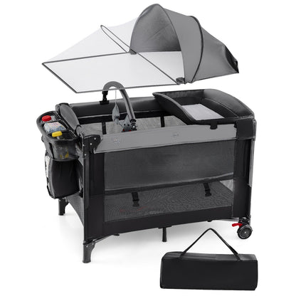 Foldable Pack and Play with 5 Adjustable Heights and Changing Table-Dark Black