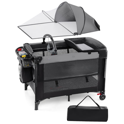 Foldable Pack and Play with 5 Adjustable Heights and Changing Table-Dark Black
