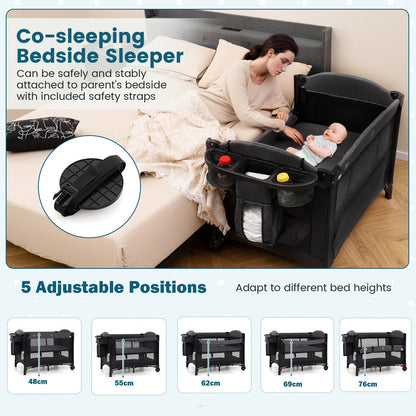 Foldable Pack and Play with 5 Adjustable Heights and Changing Table-Dark Black