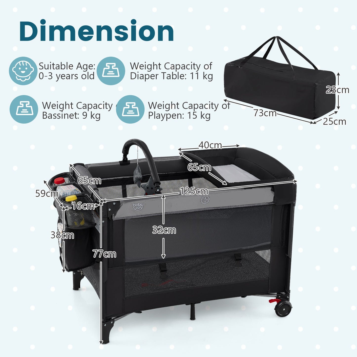 Foldable Pack and Play with 5 Adjustable Heights and Changing Table-Dark Black