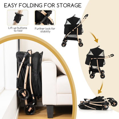 Foldable Pet Stroller with 4-Level Adjustable Canopy and Storage Basket-Black & Gold