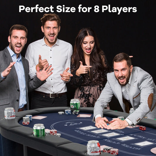 Foldable Poker Table for 8 Players Portable Oval Card Board with Cup Holders-Blue