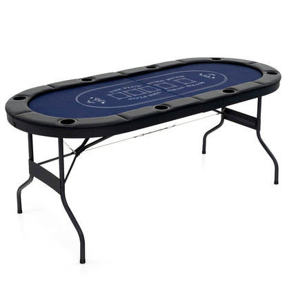 Foldable Poker Table for 8 Players Portable Oval Card Board with Cup Holders-Blue