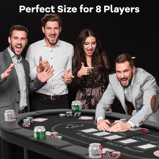 Foldable Poker Table for 8 Players Portable Oval Card Board with Cup Holders-Black