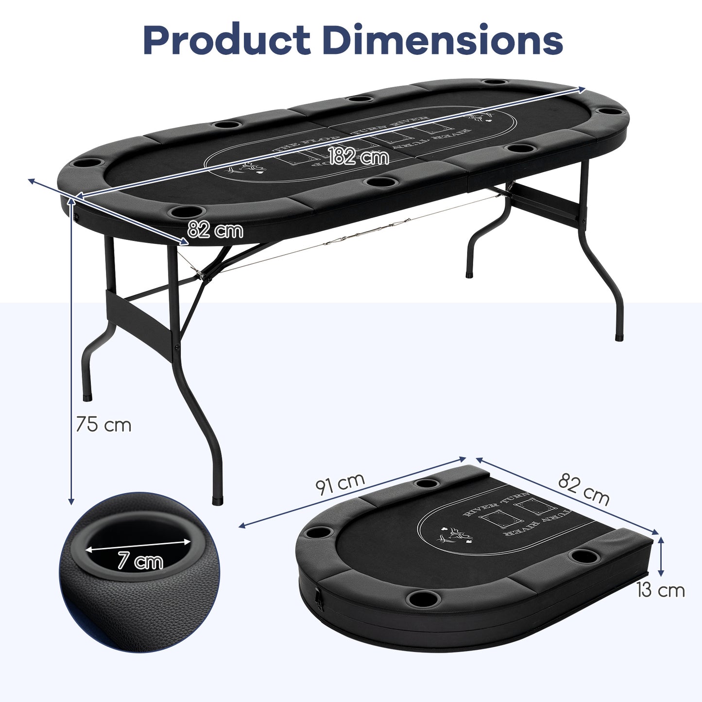 Foldable Poker Table for 8 Players Portable Oval Card Board with Cup Holders-Black