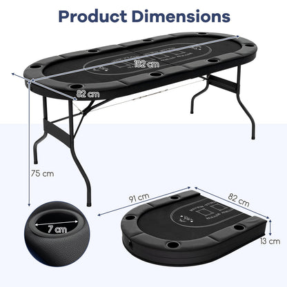 Foldable Poker Table for 8 Players Portable Oval Card Board with Cup Holders-Black