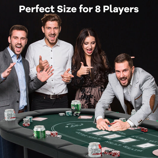 Foldable Poker Table for 8 Players Portable Oval Card Board with Cup Holders-Green