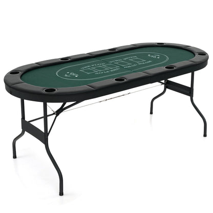 Foldable Poker Table for 8 Players Portable Oval Card Board with Cup Holders-Green