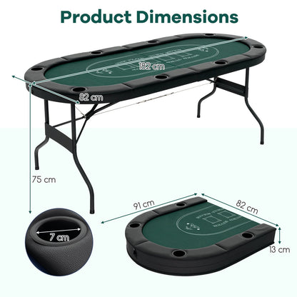 Foldable Poker Table for 8 Players Portable Oval Card Board with Cup Holders-Green