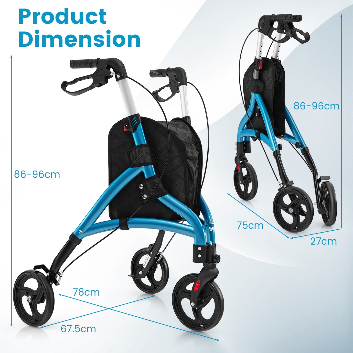 Walker for Seniors Foldable Rollator Walker with Lightweight Aluminum Frame-Blue