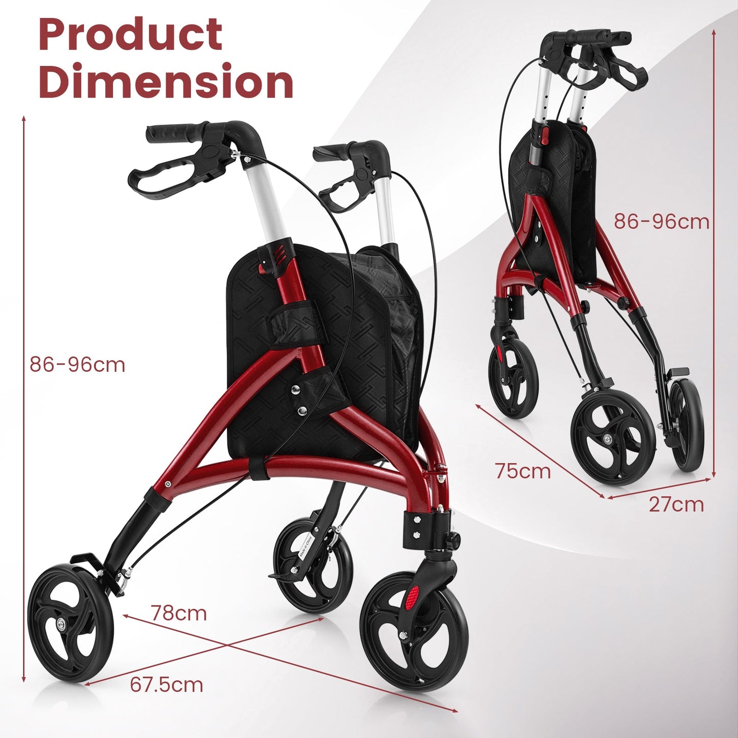 Walker for Seniors Foldable Rollator Walker with Lightweight Aluminum Frame-Red