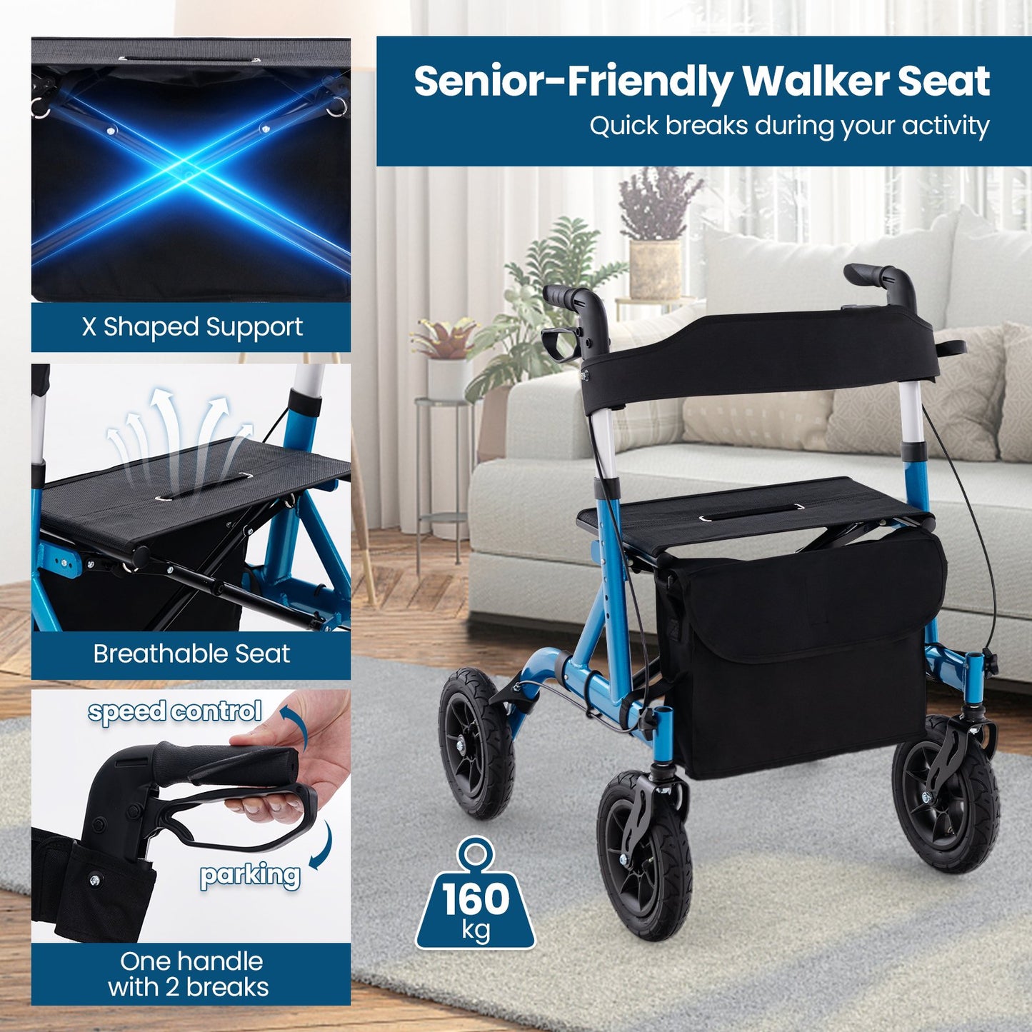 Foldable Rolling Walker with Seat-Blue