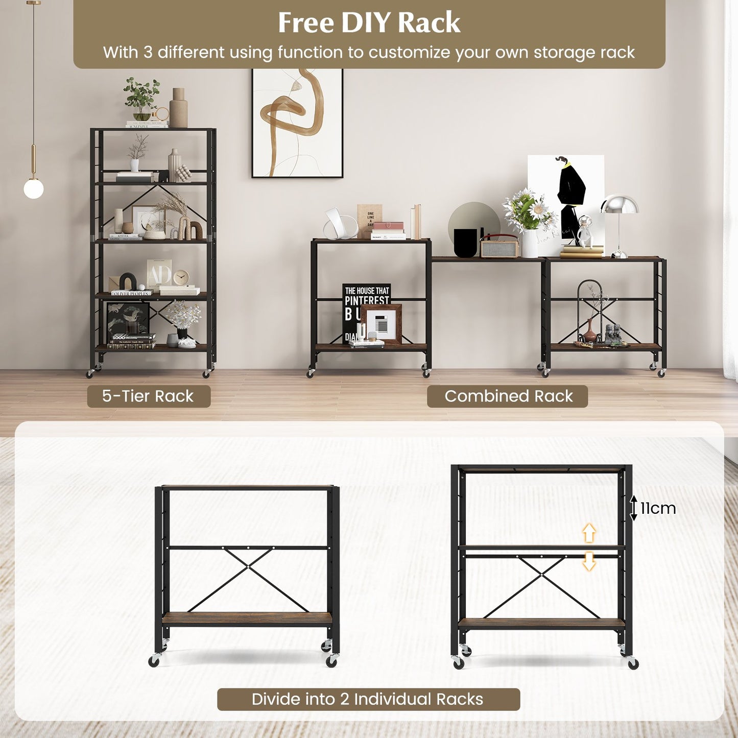 5-Tier Foldable Shelving Unit Metal Shelves with Detachable Wheels-Black