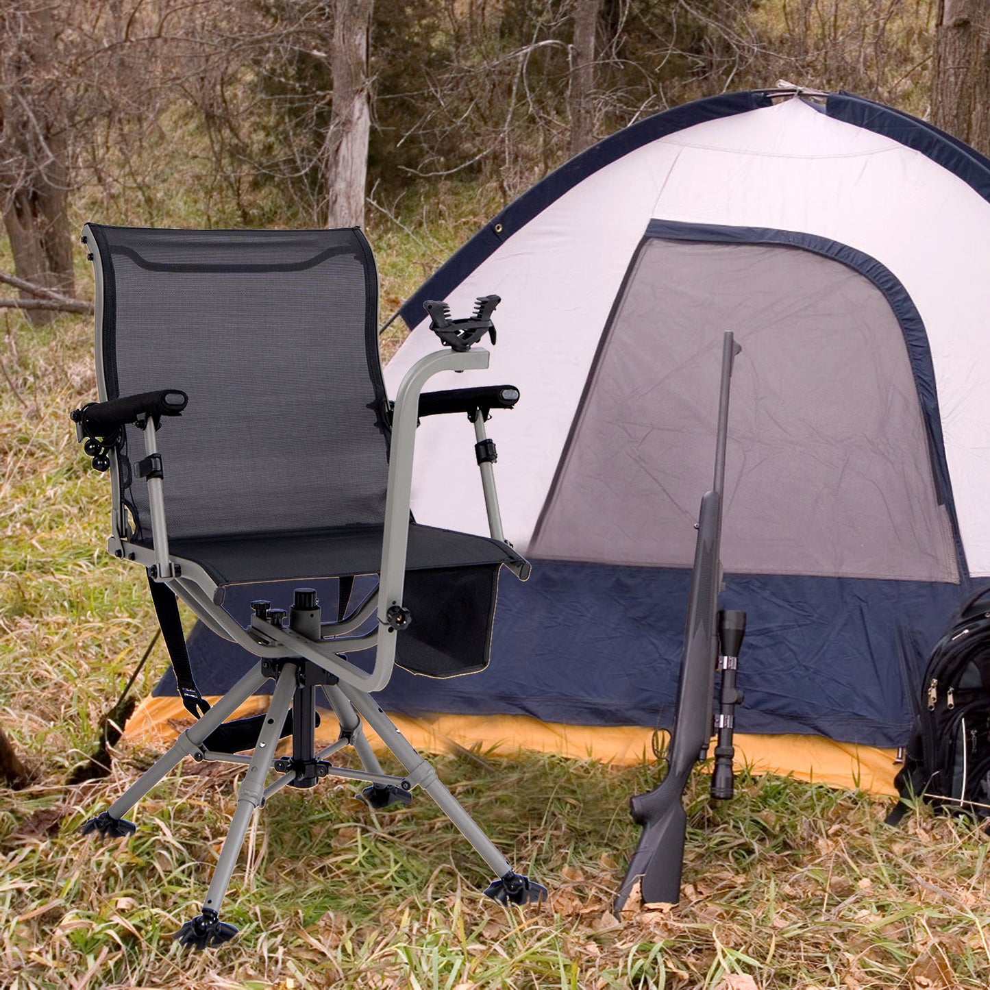 Foldable Shooting and Hunting Chair with 3 Position Adjustable Legs-Black