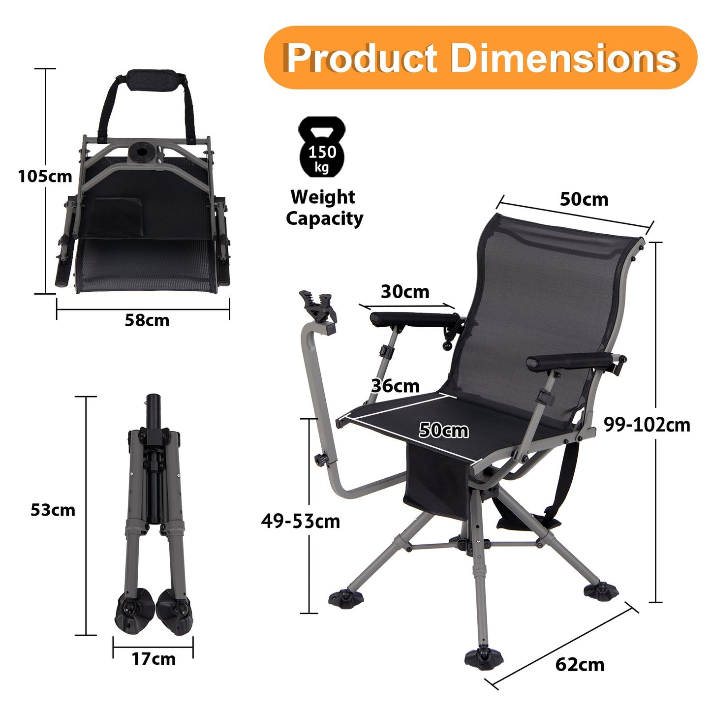 Foldable Shooting and Hunting Chair with 3 Position Adjustable Legs-Black