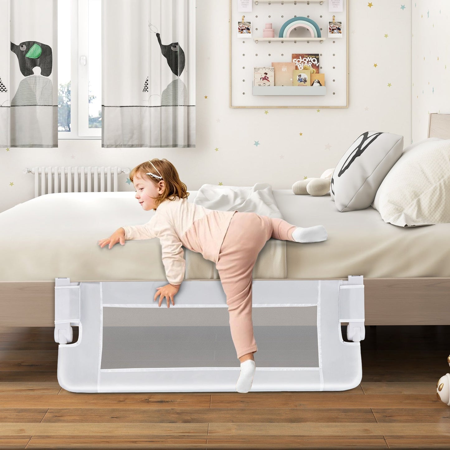 Foldable Toddler Bed Rail with Removable Oxford Cover-White