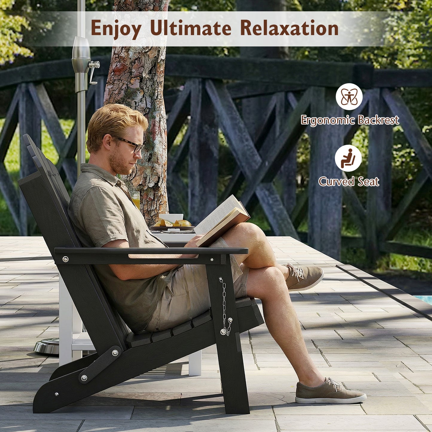 Folding Adirondack Chair Weather Resistant HDPE with High Backrest-Grey