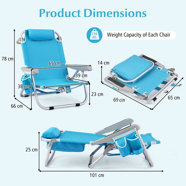 Folding Backpack Beach Chair Set of 2 with 5-Position Backrest for Adults-Blue