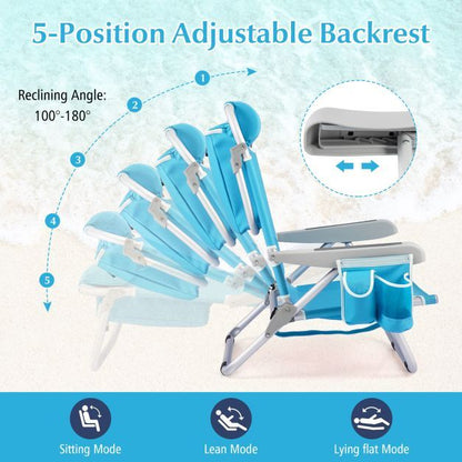 Folding Backpack Beach Chair Set of 2 with 5-Position Backrest for Adults-Blue