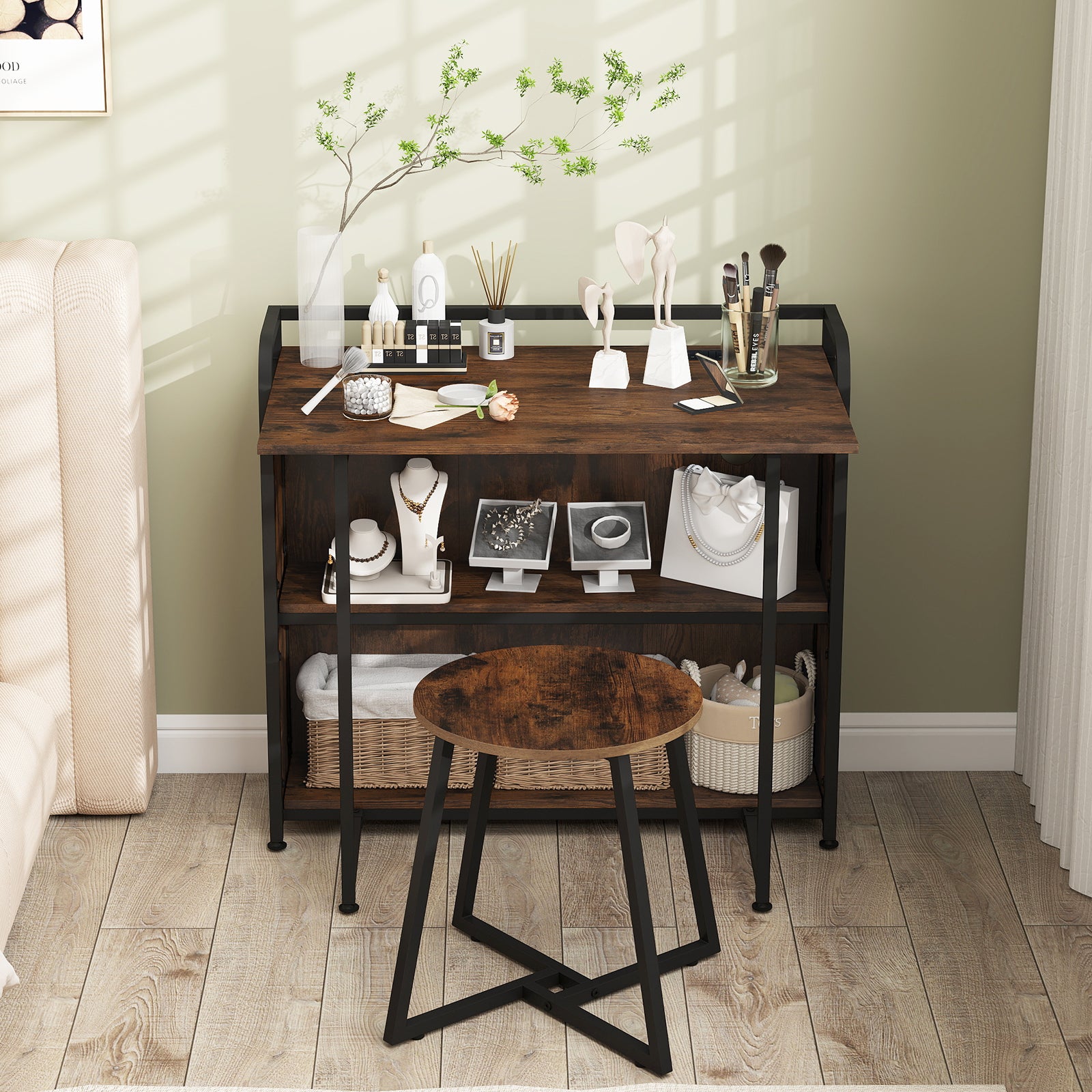 Folding Computer Desk with Stool and Storage Shelves with AC Outlets-Rustic Brown