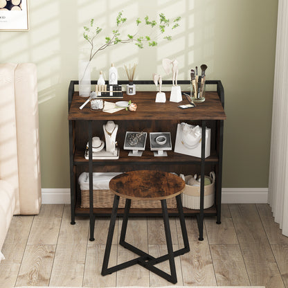 Folding Computer Desk with Stool and Storage Shelves with AC Outlets-Rustic Brown