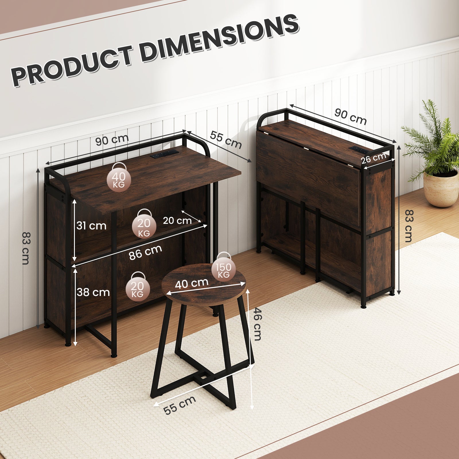 Folding Computer Desk with Stool and Storage Shelves with AC Outlets-Rustic Brown