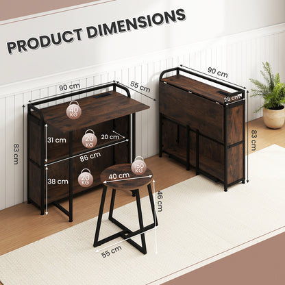 Folding Computer Desk with Stool and Storage Shelves with AC Outlets-Rustic Brown
