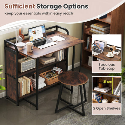 Folding Computer Desk with Stool and Storage Shelves with AC Outlets-Rustic Brown