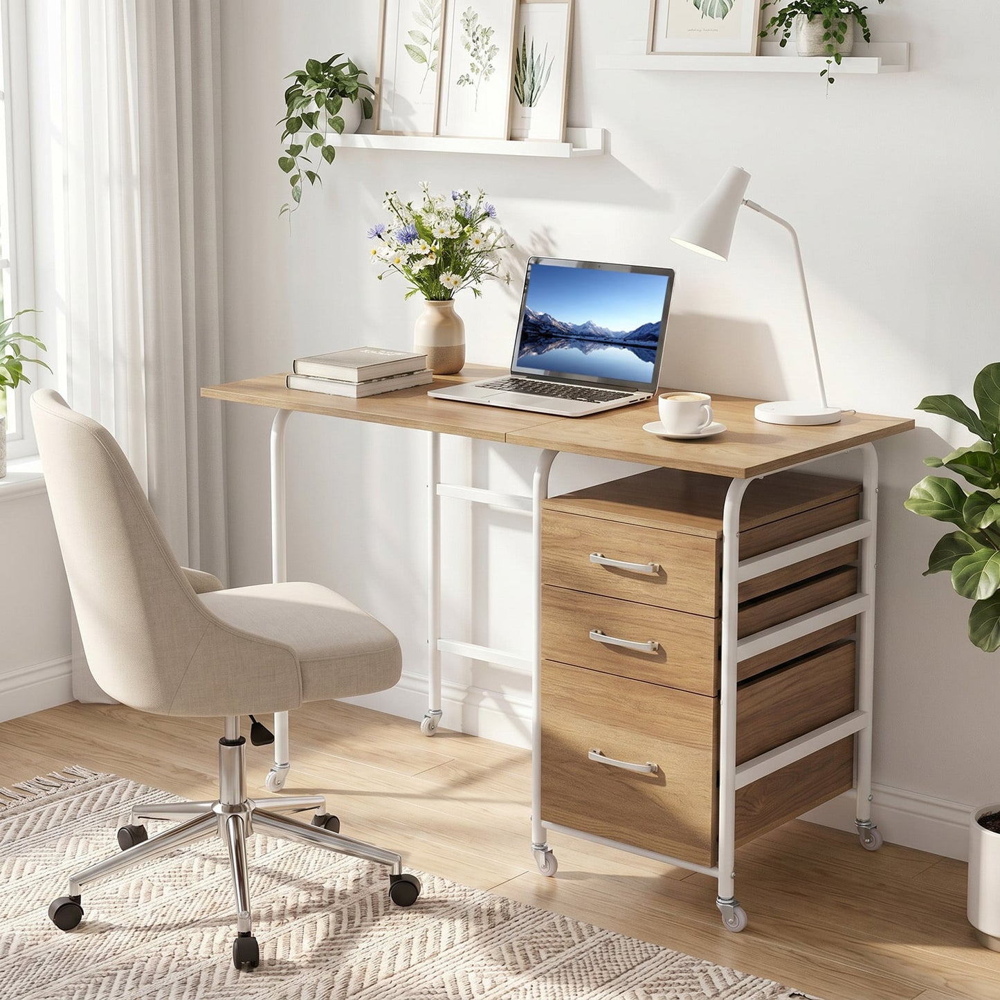 Folding Desk with 3 Drawers Storage & Rolling Wheels for Living Room Space-Saving-Natural