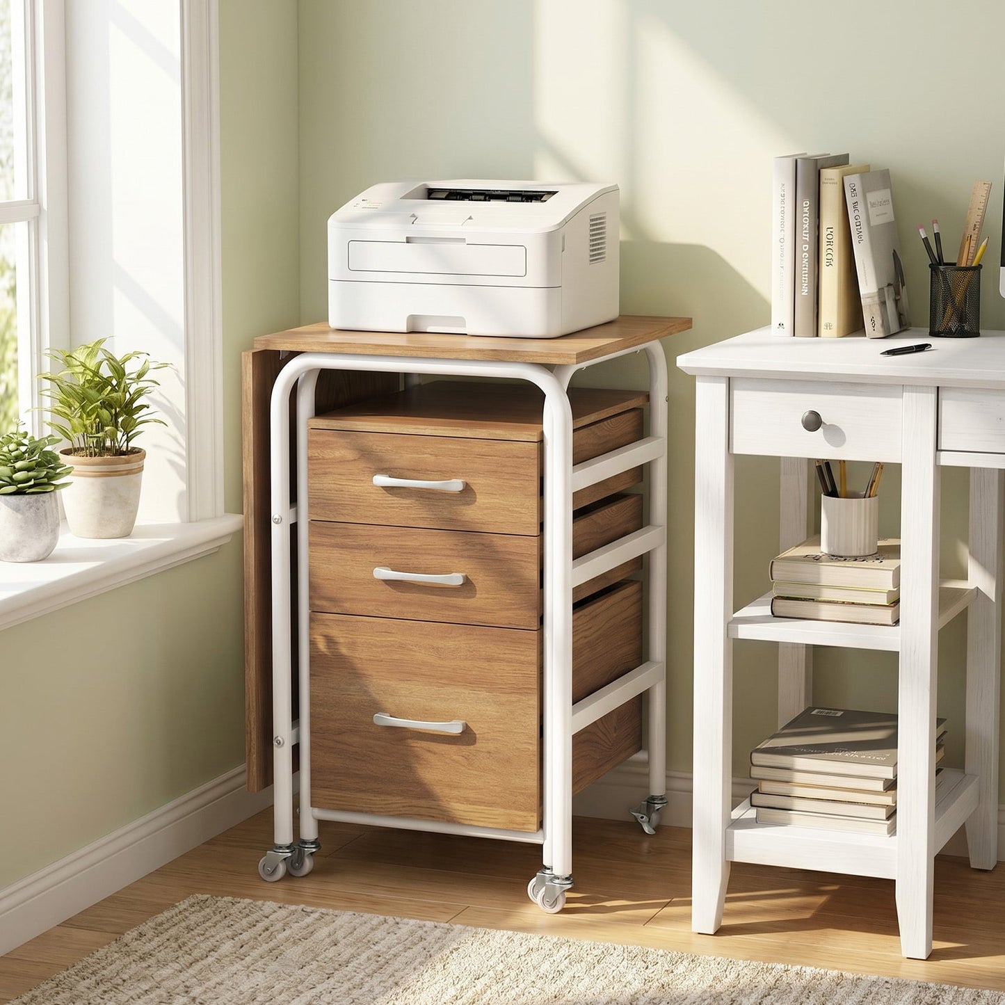 Folding Desk with 3 Drawers Storage & Rolling Wheels for Living Room Space-Saving-Natural