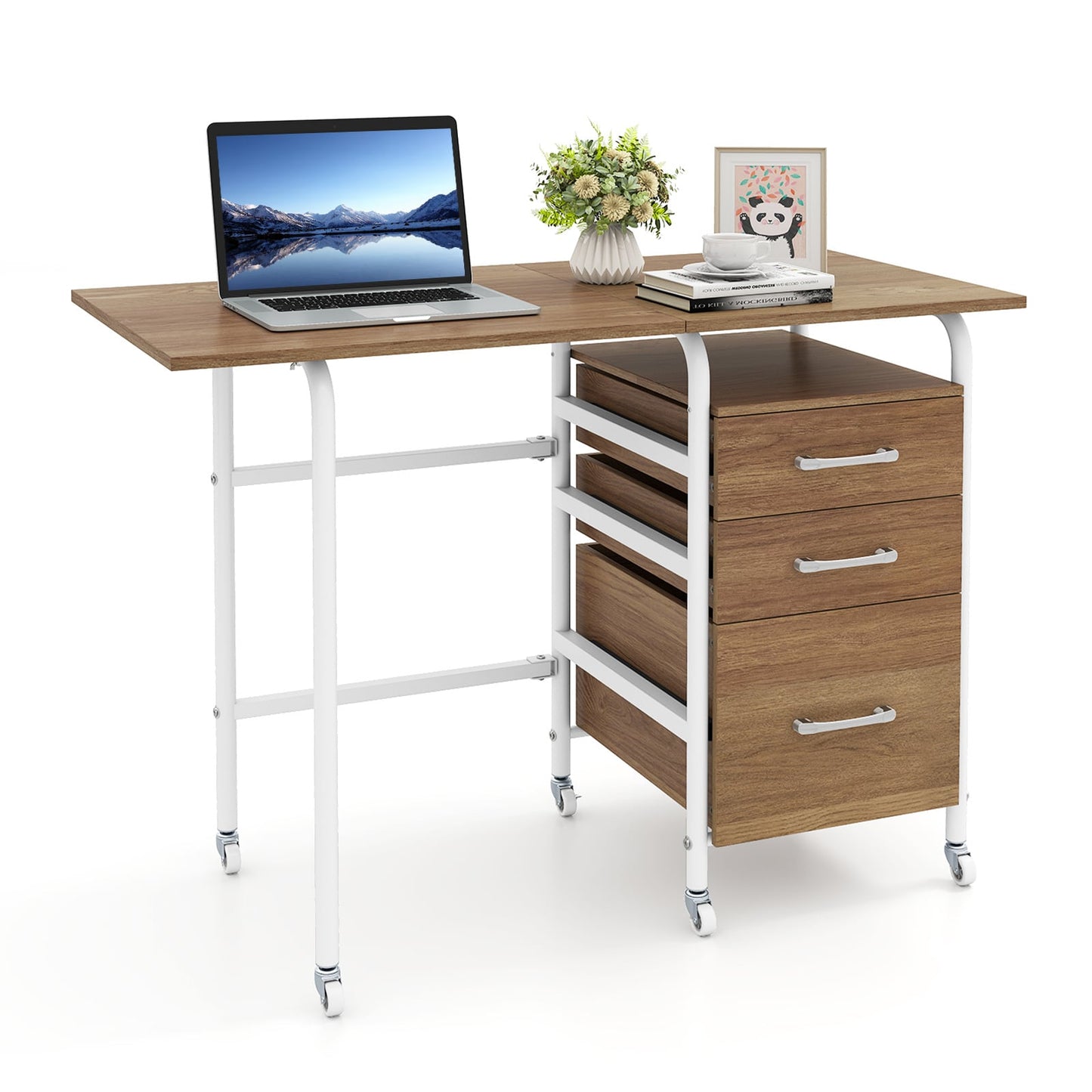 Folding Desk with 3 Drawers Storage & Rolling Wheels for Living Room Space-Saving-Natural