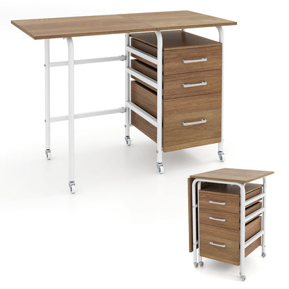 Folding Desk with 3 Drawers Storage & Rolling Wheels for Living Room Space-Saving-Natural