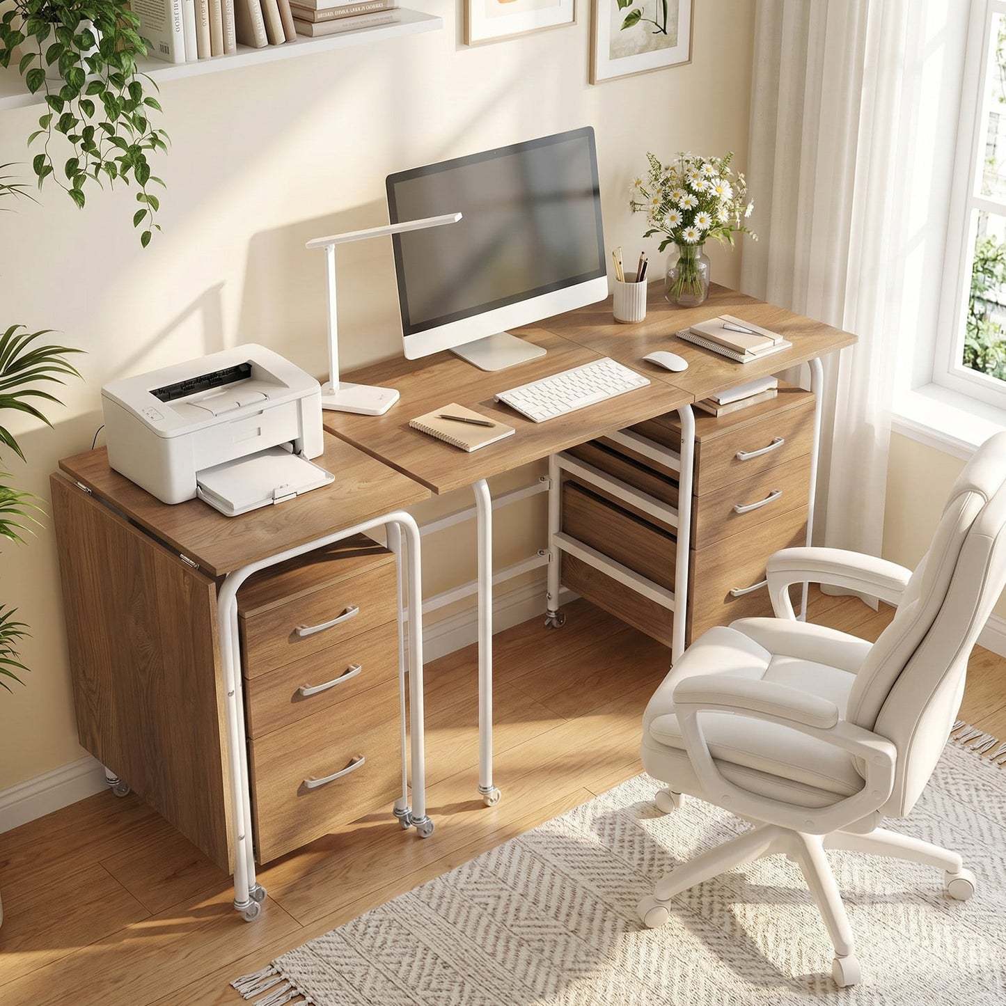 Folding Desk with 3 Drawers Storage & Rolling Wheels for Living Room Space-Saving-Natural