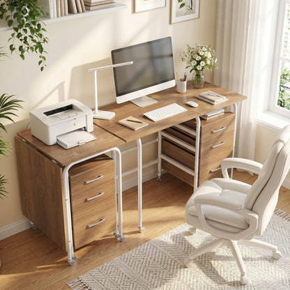 Folding Desk with 3 Drawers Storage & Rolling Wheels for Living Room Space-Saving-Natural