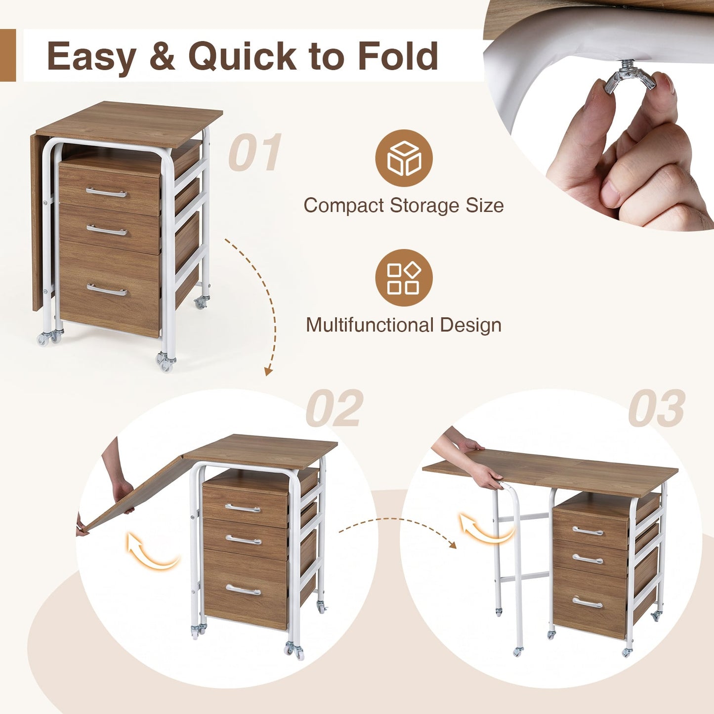 Folding Desk with 3 Drawers Storage & Rolling Wheels for Living Room Space-Saving-Natural