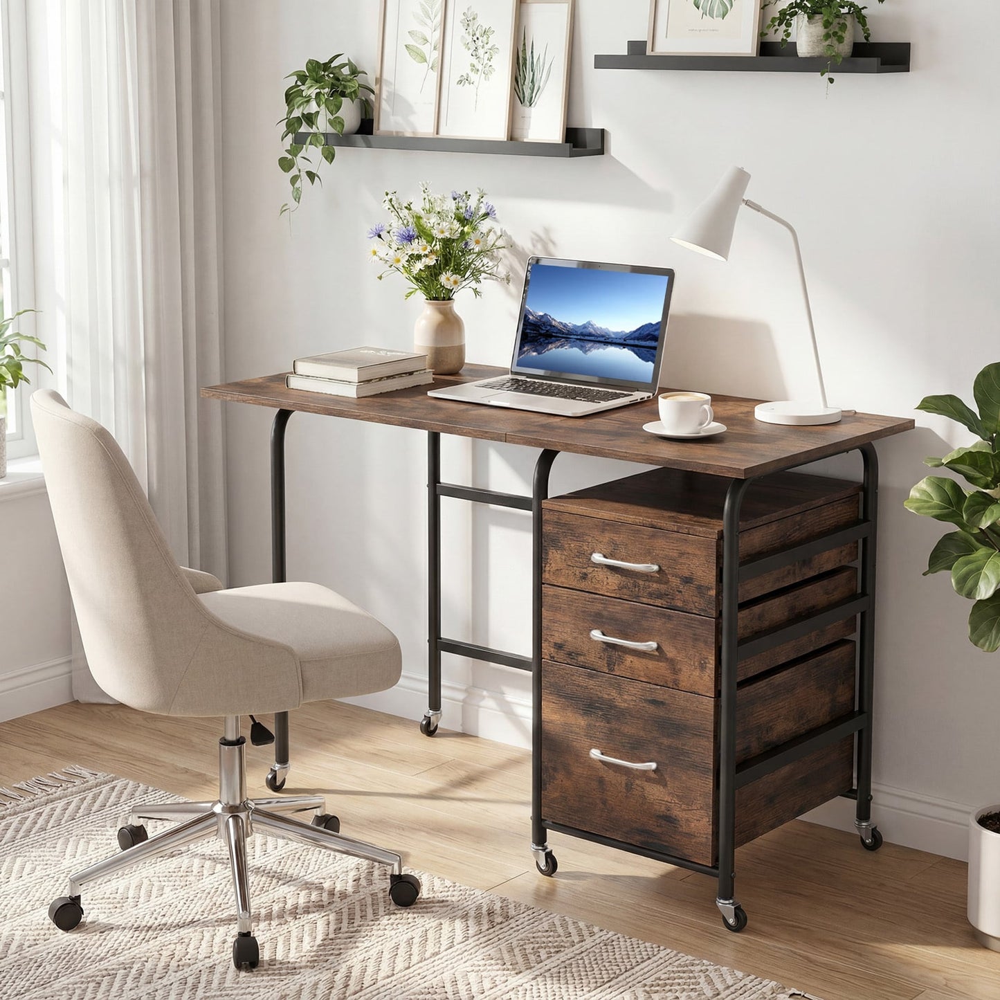 Folding Desk with 3 Drawers Storage & Rolling Wheels for Living Room Space-Saving-Rustic Brown