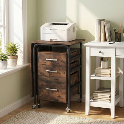 Folding Desk with 3 Drawers Storage & Rolling Wheels for Living Room Space-Saving-Rustic Brown